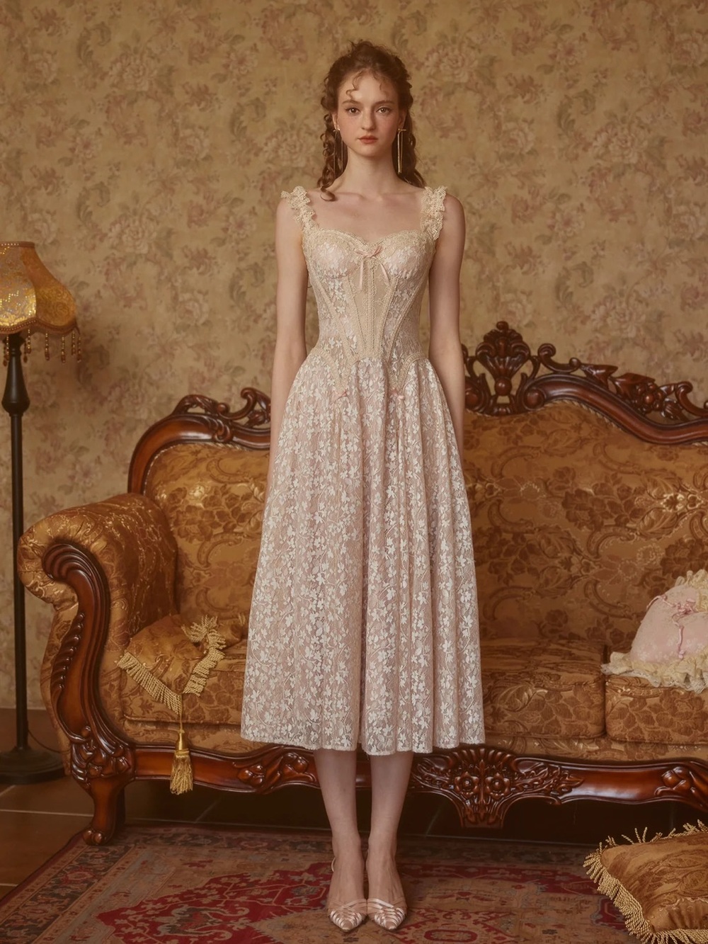 Women's Lace Midi Dress in Blush - Classic Romantic Style